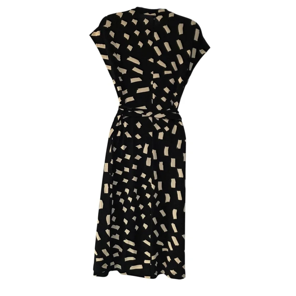 Alex and Ava Wrap Dress Womans Size S Black Cream Abstract Print Midi Classic‎